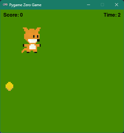 Screenshot of the Coin Collector game showing the fox character, a coin, score, and timer